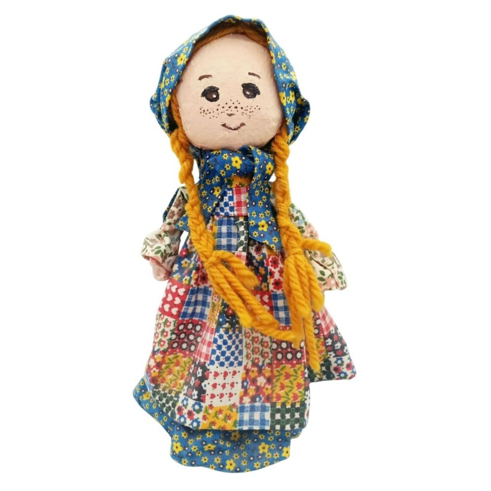 Rag Doll Girl Yarn Hair Patchwork Dress Vintage Bonnet Polystyrene Styrofoam 9&q